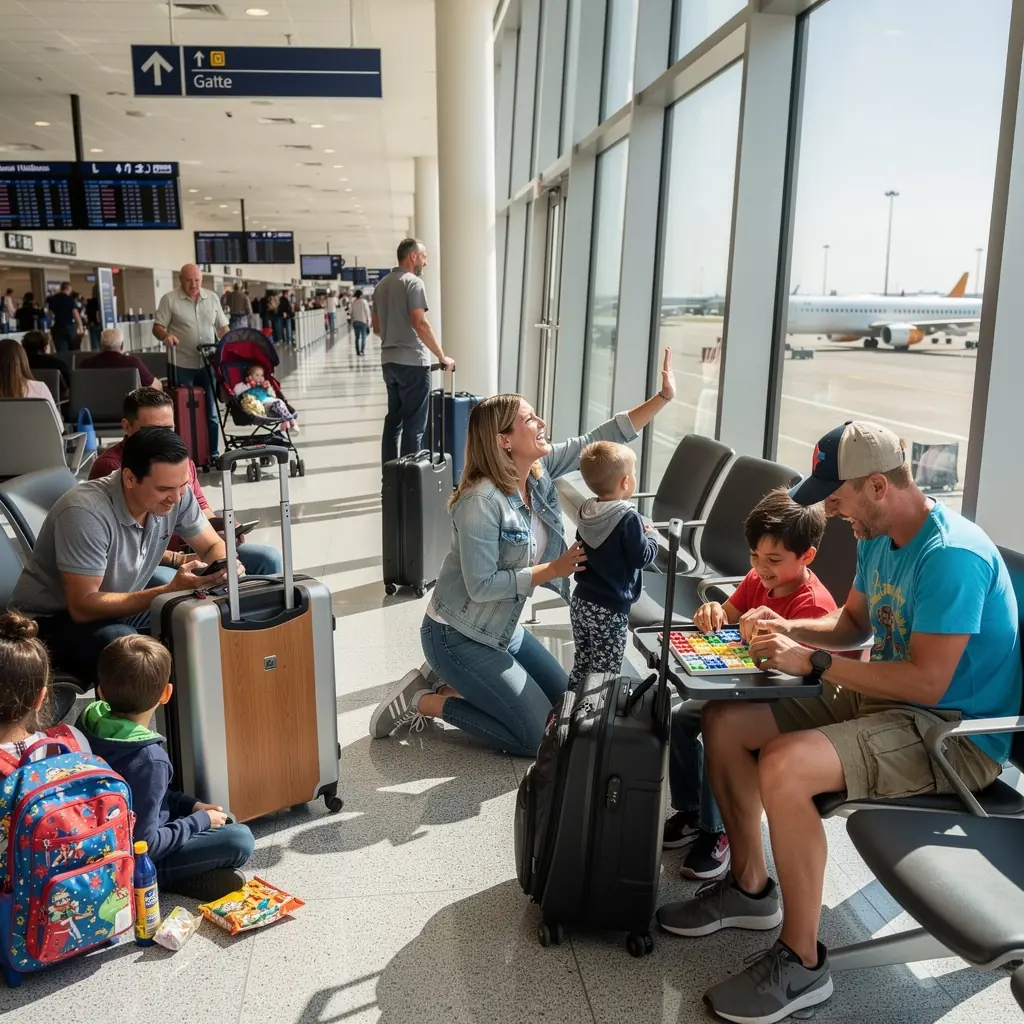 Счастливая семья, исследующая городской парк с удобными прогулочными дорожками.